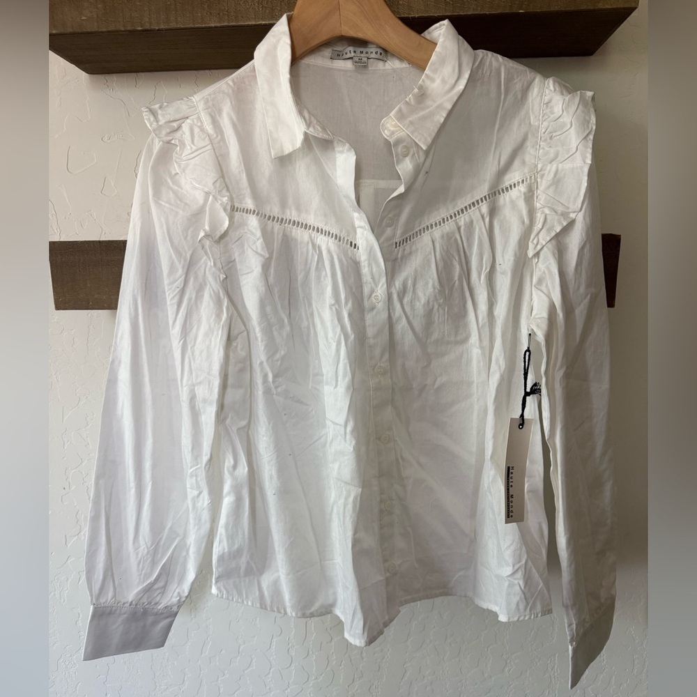 Haute Monde|Women's White Ruffled Long sleeve Blouse,100% cotton•••NWT,Preppy